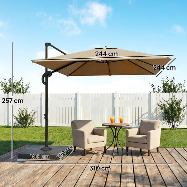 Parasol déporté carré 2,4x2,4m avec pied et dalles lestage - parasol de jardin extérieur, mât aluminium et rotatif 360° par pédale - UV50+ et inclinaison 5 positions pour terrasse, kaki
