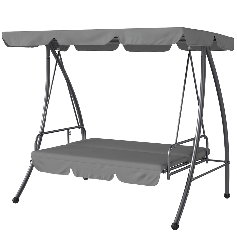 Balancelle de Jardin Convertible 3 Places Grand Confort Inclinaison Toit réglable Matelas fourni 2L x 1,25l x 1,7H m métal Polyester Noir Gris clair