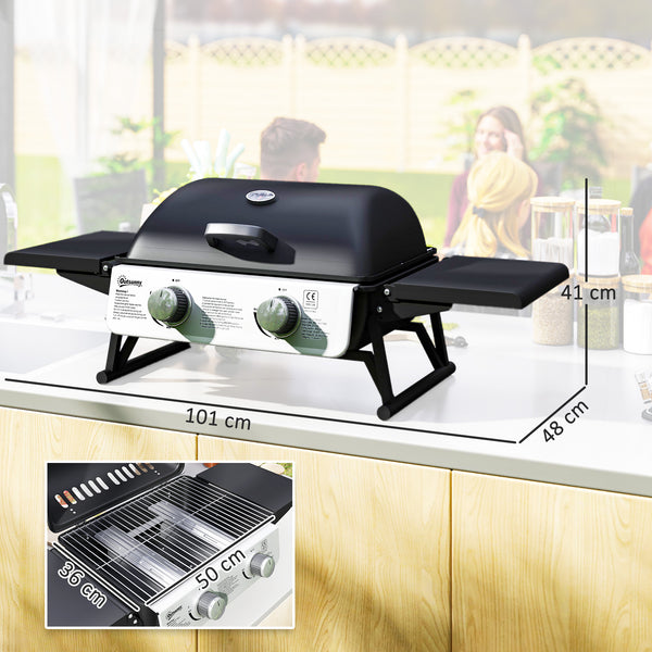 Barbecue gaz de table transportable, 2 brûleurs 5,6 kW, barbecue gaz de camping avec grille de cuisson, étagères latérales, couvercle, thermomètre, pour camping, jardin et balcon, noir