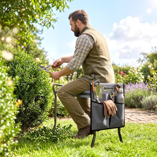Tabouret de Jardin Pliable 2 en 1 - Agenouilloir de Jardin en Acier, Robuste, Coussin en Mousse EVA, 4 Poches à Outils Amovible - Cadeau pour Personnes Âgées, Charge 150kg, Gris