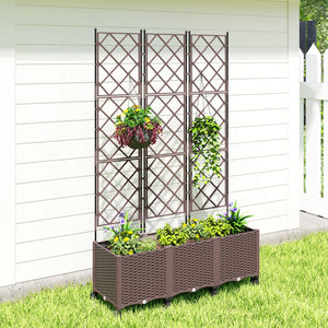 Jardinière avec treillis, bac à fleurs sur roulettes, lit surélevé en plastique avec système d'auto-arrosage, trous de drainage, pour plantes grimpantes, légumes, fleurs, 120x40x192cm, marron