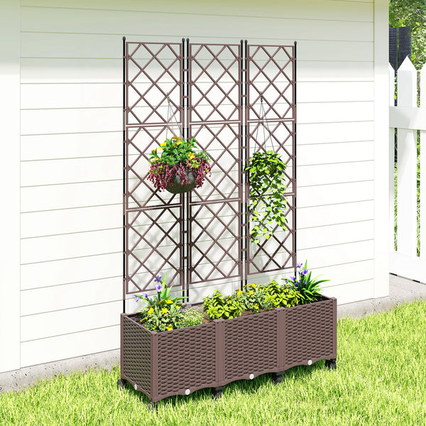 Jardinière avec treillis, bac à fleurs sur roulettes, lit surélevé en plastique avec système d'auto-arrosage, trous de drainage, pour plantes grimpantes, légumes, fleurs, 120x40x192cm, marron