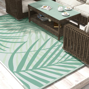 Tapis de jardin tapis d'extérieur réversible 365L x 274l cm imperméable motif feuillage avec sac de transport pour terrasse balcon camping, vert crème