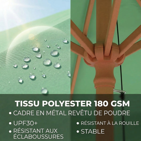 Parasol de Jardin Rond avec Volants - Parasol Terrasse Rétro Chic 230cm Aspect Bois - Protection Solaire UV Extérieur pour Balcon et Mobilier de Jardin, Vert Clair