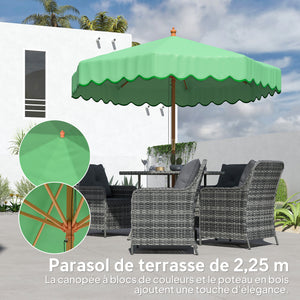 Parasol de Jardin Rond avec Volants - Parasol Terrasse Rétro Chic 230cm Aspect Bois - Protection Solaire UV Extérieur pour Balcon et Mobilier de Jardin, Vert Clair