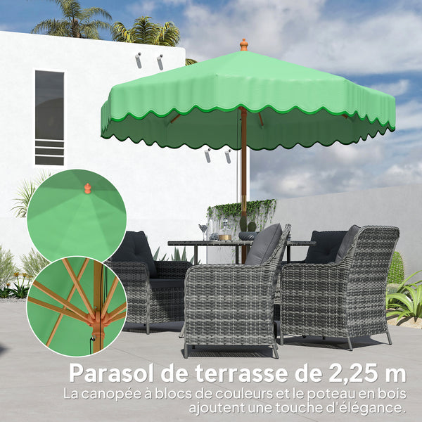 Parasol de Jardin Rond avec Volants - Parasol Terrasse Rétro Chic 230cm Aspect Bois - Protection Solaire UV Extérieur pour Balcon et Mobilier de Jardin, Vert Clair