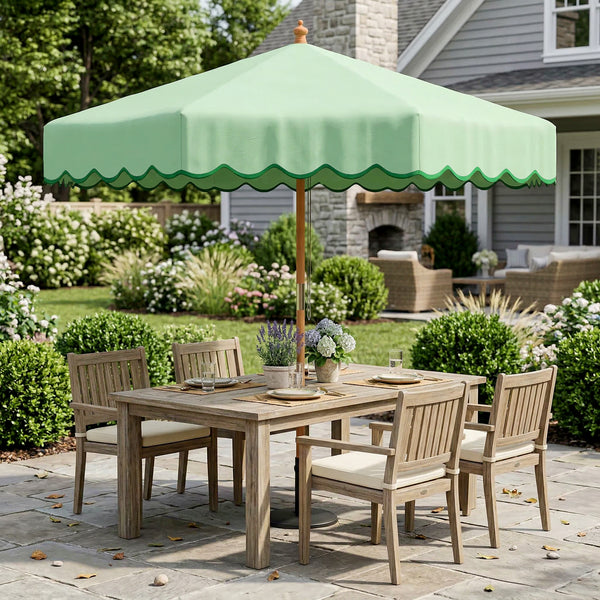 Parasol de Jardin Rond avec Volants - Parasol Terrasse Rétro Chic 230cm Aspect Bois - Protection Solaire UV Extérieur pour Balcon et Mobilier de Jardin, Vert Clair