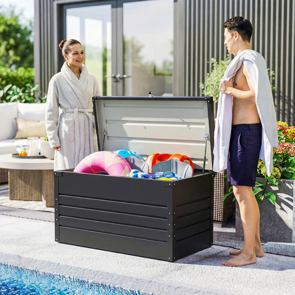 Coffre de rangement en métal 350L - boîte de jardin en acier galvanisé étanche avec double vérins à gaz - malle de rangement verrouillable pour coussins, outils et terrasse, gris anthracite