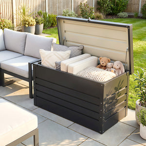Coffre de rangement en métal 350L - boîte de jardin en acier galvanisé étanche avec double vérins à gaz - malle de rangement verrouillable pour coussins, outils et terrasse, gris anthracite