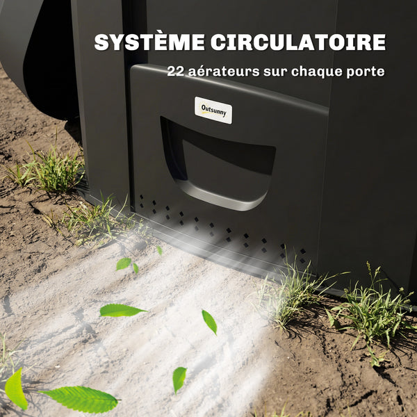 Composteur de jardin, 240L, bac à compost extérieur, triangulaire, 78 x 75 x 78 cm, en polypropylène, avec 3 Portes, 66 Aérations et Fond Ouvert, Inclus Gants et Tournevis, Noir