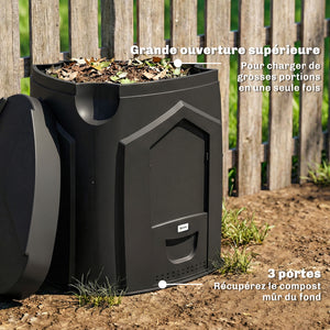 Composteur de jardin, 240L, bac à compost extérieur, triangulaire, 78 x 75 x 78 cm, en polypropylène, avec 3 Portes, 66 Aérations et Fond Ouvert, Inclus Gants et Tournevis, Noir