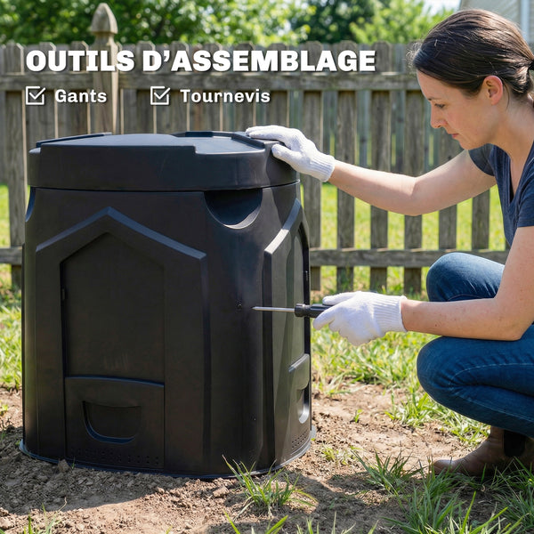 Composteur de jardin, 240L, bac à compost extérieur, triangulaire, 78 x 75 x 78 cm, en polypropylène, avec 3 Portes, 66 Aérations et Fond Ouvert, Inclus Gants et Tournevis, Noir