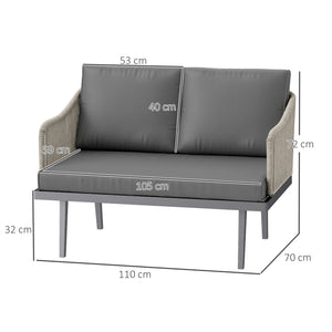 Canapé de jardin 2 places avec coussins en résine tressée, canapé d'extérieur avec accoudoirs, cadre en acier pour jardin, gris foncé