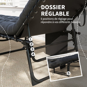 Bain de soleil, chaise longue pliante avec coussin, appuie-tête, poche latérale, textilène, transat jardin extérieur inclinable de plage camping piscine terrasse 58 x 189 x 32,5 cm noir
