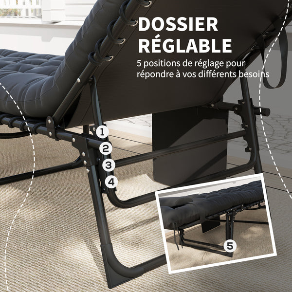 Bain de soleil, chaise longue pliante avec coussin, appuie-tête, poche latérale, textilène, transat jardin extérieur inclinable de plage camping piscine terrasse 58 x 189 x 32,5 cm noir