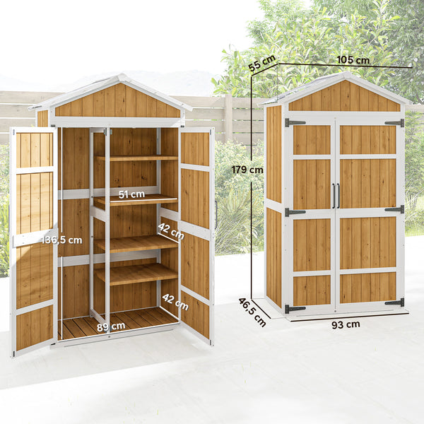 Armoire de Jardin en Bois - Abri de Jardin Extérieur Étanche avec Toit en Métal - Meuble de Rangement Terrasse à Double Porte pour Outils de Jardinage 105x55x179cm, Blanc et Naturel