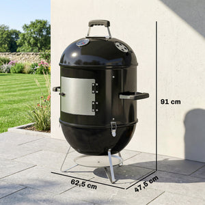 Fumoir 3 en 1, avec 3 Grilles de Cuisson Ø44 cm, Thermomètre Intégré, Ventilation Réglable, Couvercle Amovible, Poignée Isolée, Barbecue Charbon de Bois pour Camping Fêtes Pique-niques, Noir