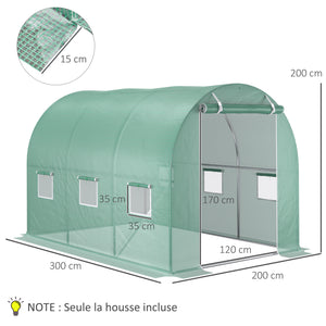 Bâche de Rechange Serre Tunnel 6 m², bâche 3 x 2 x 2 m PE Anti-UV imperméable 6 fenêtres + Porte Enroulable zippée Vert