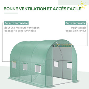 Bâche de Rechange Serre Tunnel 6 m², bâche 3 x 2 x 2 m PE Anti-UV imperméable 6 fenêtres + Porte Enroulable zippée Vert