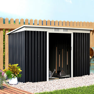 Abri de Jardin 3,6 m² Remise à Outils avec kit de fondation en Acier galvanisé avec Portes coulissantes, dim. 280L x 130l x 172H cm, Gris-Noir