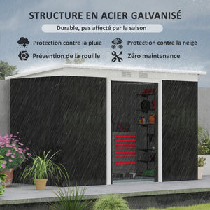 Abri de Jardin 3,6 m² Remise à Outils avec kit de fondation en Acier galvanisé avec Portes coulissantes, dim. 280L x 130l x 172H cm, Gris-Noir