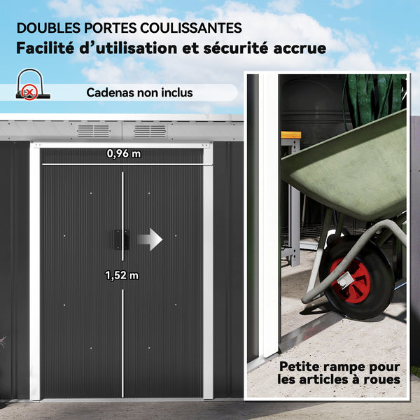 Abri de Jardin 3,6 m² Remise à Outils avec kit de fondation en Acier galvanisé avec Portes coulissantes, dim. 280L x 130l x 172H cm, Gris-Noir