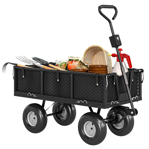Chariot de jardin 300 Kg, chariot de transport chariot à roulettes avec bâche amovible et poignée rotative à 180°, chariot remorque avec parois rabattables et pneus gonflables 25 cm, noir