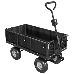 Chariot de jardin 300 Kg, chariot de transport chariot à roulettes avec bâche amovible et poignée rotative à 180°, chariot remorque avec parois rabattables et pneus gonflables 25 cm, noir