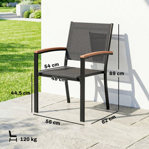 Lot de 2 Chaises de Jardin Empilables, Accoudoirs en WPC, Dossier Haut, Chaise de Salle à Manger Exterieure pour Balcon Terrasse Patio, Métal et Textilène, Gris
