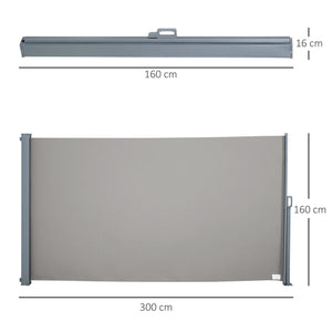 Store latéral brise-vue rétractable 300 x 160 cm, paravent extérieur en aluminium, protection solaire, brise-vue extensible pour balcon, jardin, terrasse, gris