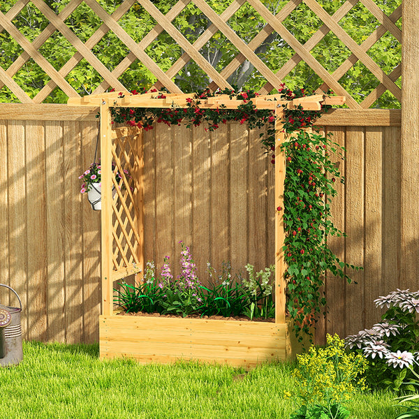 Jardinière Surélevée avec treillis Latéral et Supérieur, bac à fleurs, lit surélevé Trous de Drainage, pour plantes grimpantes, légumes, fleurs, extérieur, bois massif, bois naturel