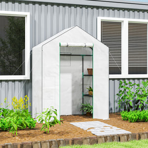 Serre de jardin PE avec étagères 3 niveaux, serre de balcon, bâche renforcée 135 g/m², châssis en acier, porte zippée enroulable, pour légumes plantes fleurs, 140x73x190 cm, blanc
