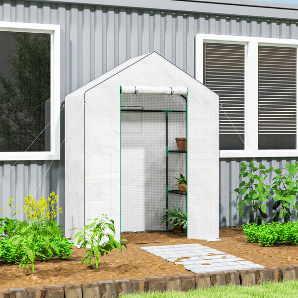 Serre de jardin PE avec étagères 3 niveaux, serre de balcon, bâche renforcée 135 g/m², châssis en acier, porte zippée enroulable, pour légumes plantes fleurs, 140x73x190 cm, blanc