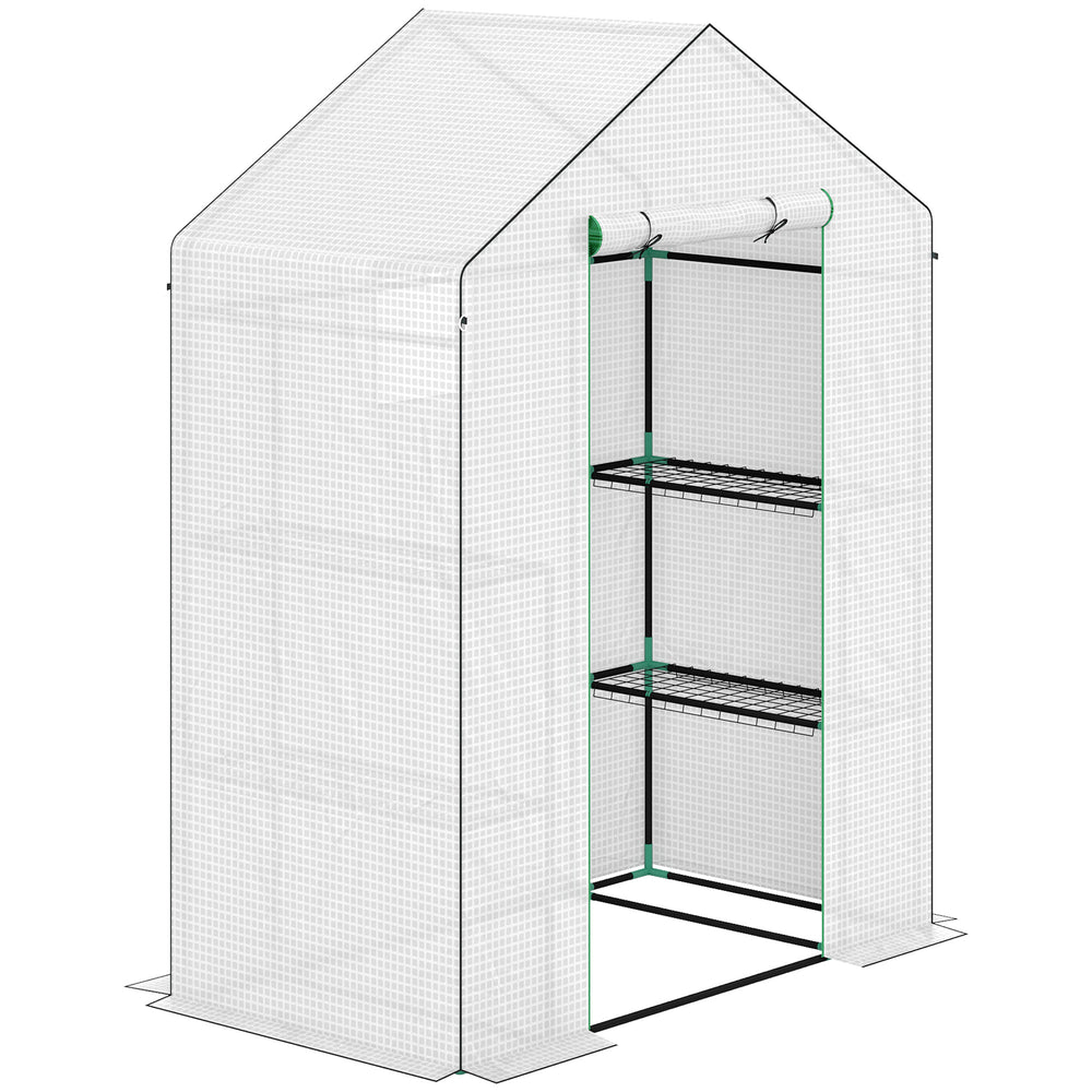 Serre de jardin PE avec étagères 3 niveaux, serre de balcon, bâche renforcée 135 g/m², châssis en acier, porte zippée enroulable, pour légumes plantes fleurs, 140x73x190 cm, blanc