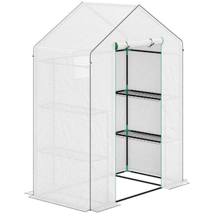 Serre de jardin PE avec étagères 3 niveaux, serre de balcon, bâche renforcée 135 g/m², châssis en acier, porte zippée enroulable, pour légumes plantes fleurs, 140x73x190 cm, blanc