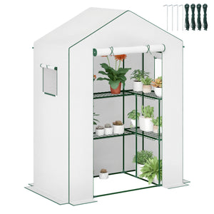 Serre de jardin PE avec étagères 3 niveaux, serre de balcon, bâche renforcée 135 g/m², châssis en acier, porte zippée enroulable, pour légumes plantes fleurs, 140x73x190 cm, blanc