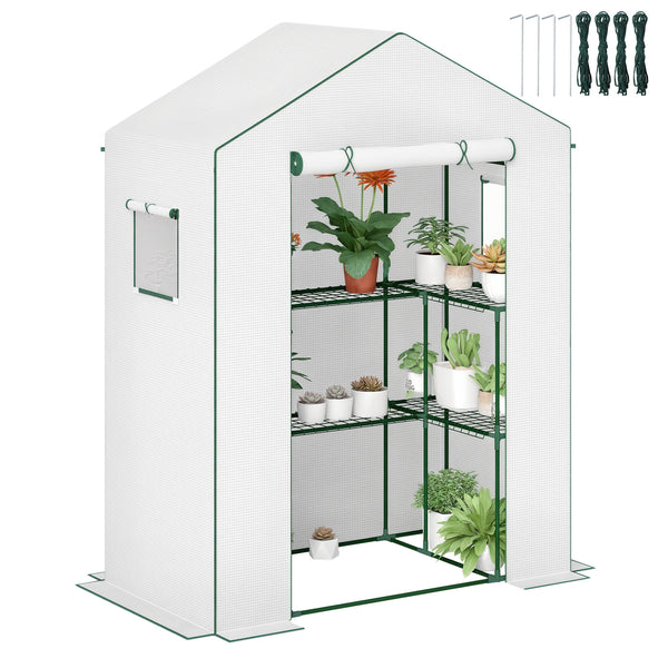 Serre de jardin PE avec étagères 3 niveaux, serre de balcon, bâche renforcée 135 g/m², châssis en acier, porte zippée enroulable, pour légumes plantes fleurs, 140x73x190 cm, blanc