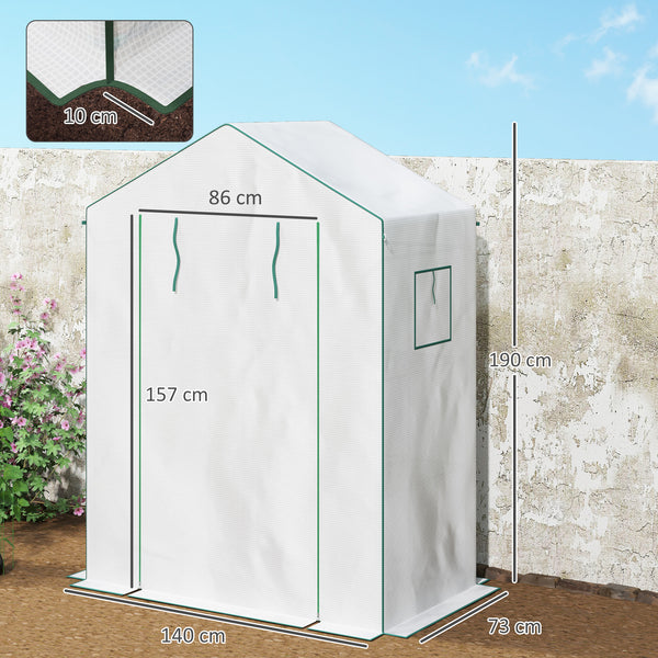 Serre de jardin PE avec étagères 3 niveaux, serre de balcon, bâche renforcée 135 g/m², châssis en acier, porte zippée enroulable, pour légumes plantes fleurs, 140x73x190 cm, blanc