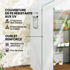 Serre de jardin PE avec étagères 3 niveaux, serre de balcon, bâche renforcée 135 g/m², châssis en acier, porte zippée enroulable, pour légumes plantes fleurs, 140x73x190 cm, blanc