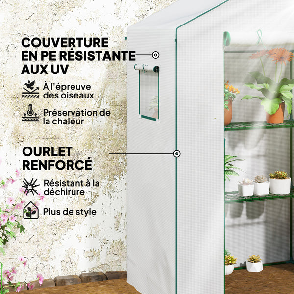 Serre de jardin PE avec étagères 3 niveaux, serre de balcon, bâche renforcée 135 g/m², châssis en acier, porte zippée enroulable, pour légumes plantes fleurs, 140x73x190 cm, blanc