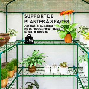 Serre de jardin PE avec étagères 3 niveaux, serre de balcon, bâche renforcée 135 g/m², châssis en acier, porte zippée enroulable, pour légumes plantes fleurs, 140x73x190 cm, blanc