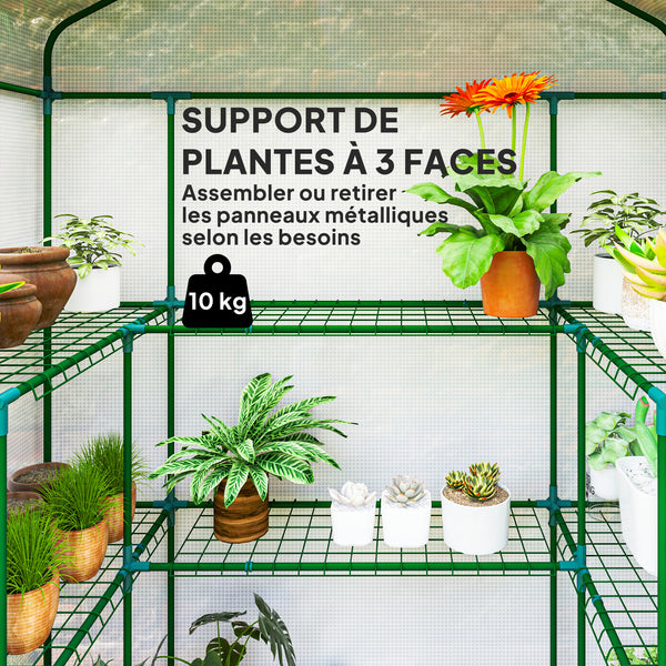 Serre de jardin PE avec étagères 3 niveaux, serre de balcon, bâche renforcée 135 g/m², châssis en acier, porte zippée enroulable, pour légumes plantes fleurs, 140x73x190 cm, blanc