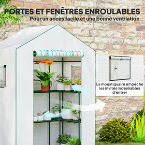 Serre de jardin PE avec étagères 3 niveaux, serre de balcon, bâche renforcée 135 g/m², châssis en acier, porte zippée enroulable, pour légumes plantes fleurs, 140x73x190 cm, blanc