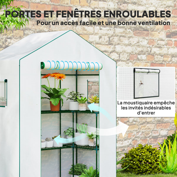Serre de jardin PE avec étagères 3 niveaux, serre de balcon, bâche renforcée 135 g/m², châssis en acier, porte zippée enroulable, pour légumes plantes fleurs, 140x73x190 cm, blanc