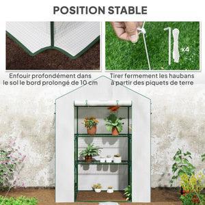 Serre de jardin PE avec étagères 3 niveaux, serre de balcon, bâche renforcée 135 g/m², châssis en acier, porte zippée enroulable, pour légumes plantes fleurs, 140x73x190 cm, blanc