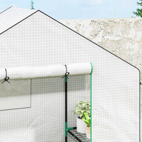 Serre de jardin PE avec étagères 3 niveaux, serre de balcon, bâche renforcée 135 g/m², châssis en acier, porte zippée enroulable, pour légumes plantes fleurs, 140x73x190 cm, blanc