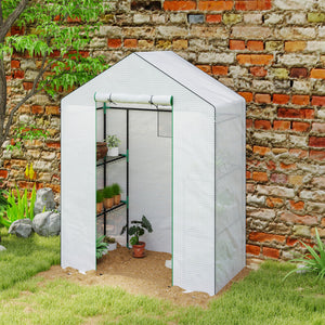 Serre de jardin PE avec étagères 3 niveaux, serre de balcon, bâche renforcée 135 g/m², châssis en acier, porte zippée enroulable, pour légumes plantes fleurs, 140x73x190 cm, blanc