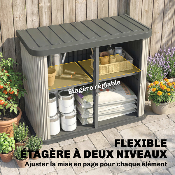 Coffre de Rangement Extérieur 480 L, 2 Niveaux avec Portes Coulissantes, Boîte de Jardin Résistant aux UV, pour Jardin Terrasse, 120,5x59,5x92cm, Marron Clair