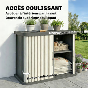 Coffre de Rangement Extérieur 480 L, 2 Niveaux avec Portes Coulissantes, Boîte de Jardin Résistant aux UV, pour Jardin Terrasse, 120,5x59,5x92cm, Marron Clair