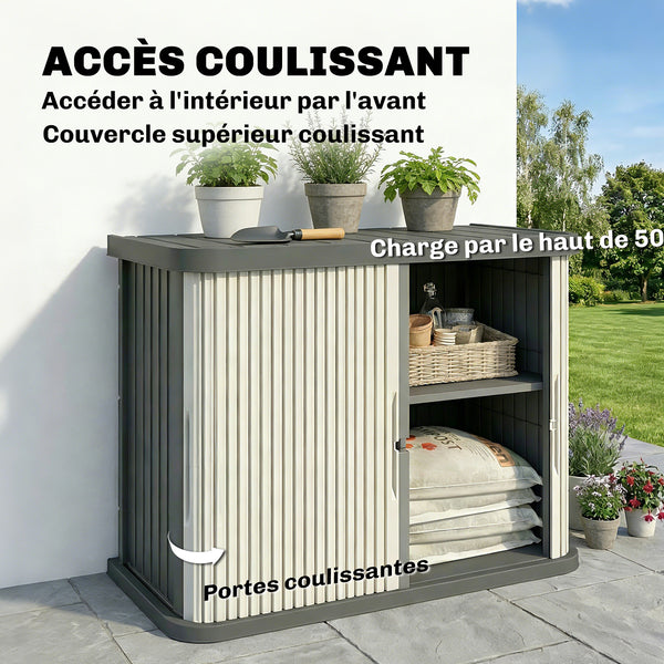 Coffre de Rangement Extérieur 480 L, 2 Niveaux avec Portes Coulissantes, Boîte de Jardin Résistant aux UV, pour Jardin Terrasse, 120,5x59,5x92cm, Marron Clair